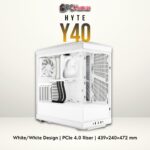HYTE Y40 white/white mini-tower with panoramic glass, supporting vertical GPU placement and triple-fan top radiators.