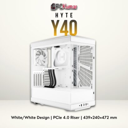 HYTE Y40 white/white mini-tower with panoramic glass, supporting vertical GPU placement and triple-fan top radiators.