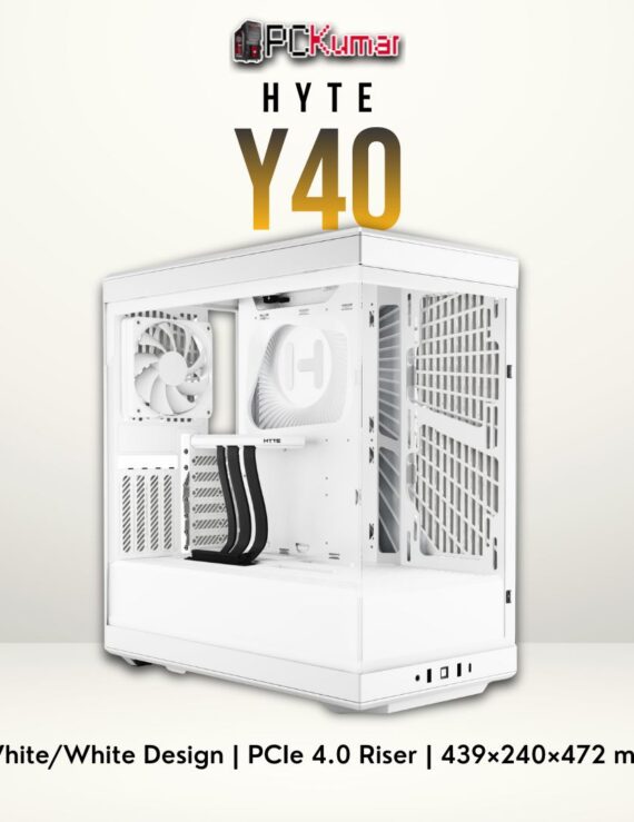 HYTE Y40 white/white mini-tower with panoramic glass, supporting vertical GPU placement and triple-fan top radiators.