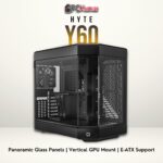 HYTE Y60 black chassis with tempered glass front and side panels, showcasing a modern mid-tower PC build.