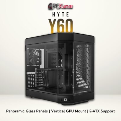 HYTE Y60 black chassis with tempered glass front and side panels, showcasing a modern mid-tower PC build.