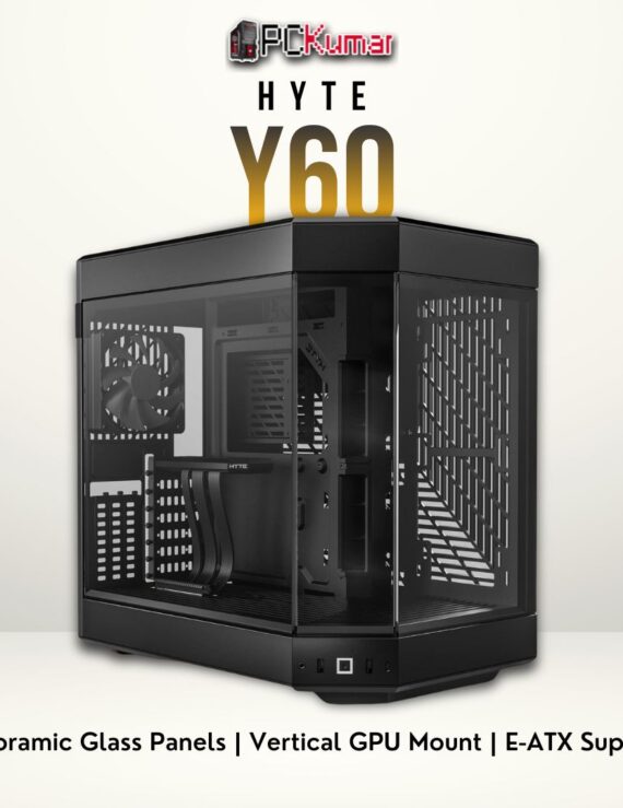 HYTE Y60 black chassis with tempered glass front and side panels, showcasing a modern mid-tower PC build.