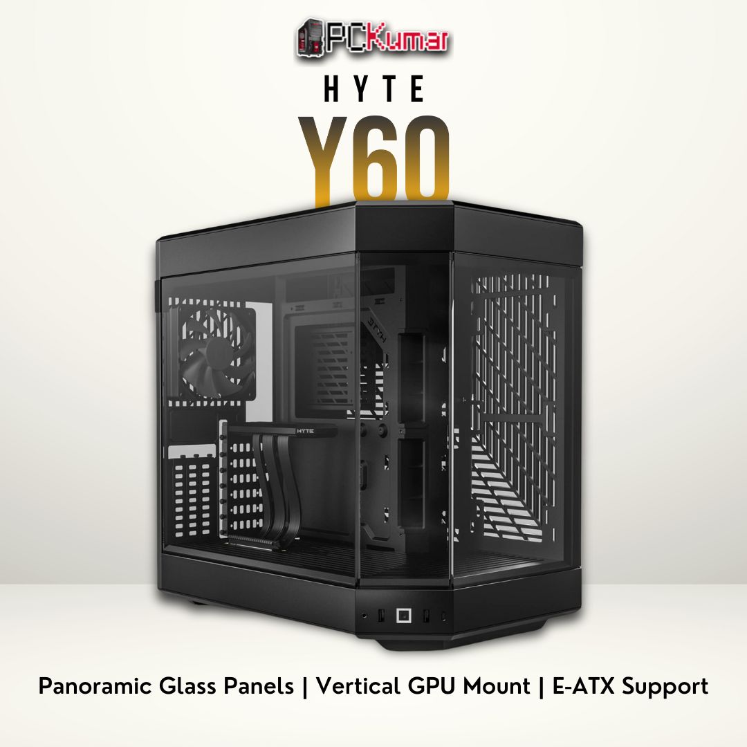 HYTE Y60 black chassis with tempered glass front and side panels, showcasing a modern mid-tower PC build.