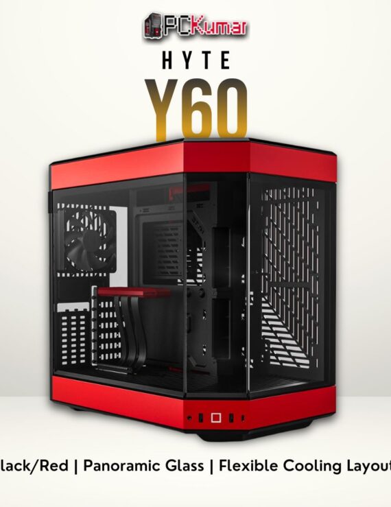 HYTE Y60 black-and-red mid-tower case with three-pane tempered glass and vertical GPU mount.