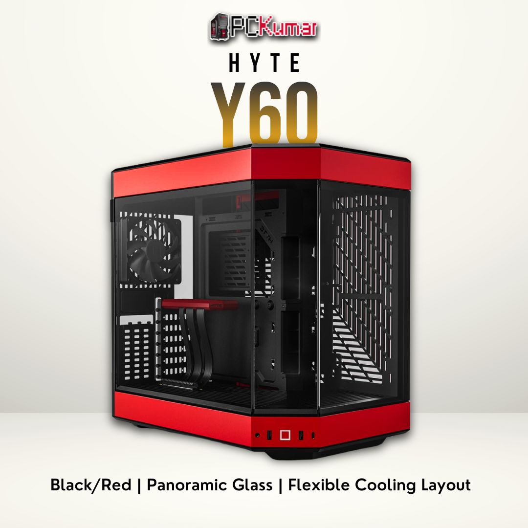 HYTE Y60 black-and-red mid-tower case with three-pane tempered glass and vertical GPU mount.