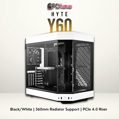 HYTE Y60 black-and-white case featuring tempered glass side panels and a stylish dual-tone design.