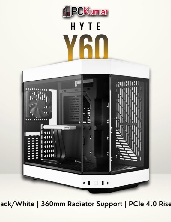 HYTE Y60 black-and-white case featuring tempered glass side panels and a stylish dual-tone design.