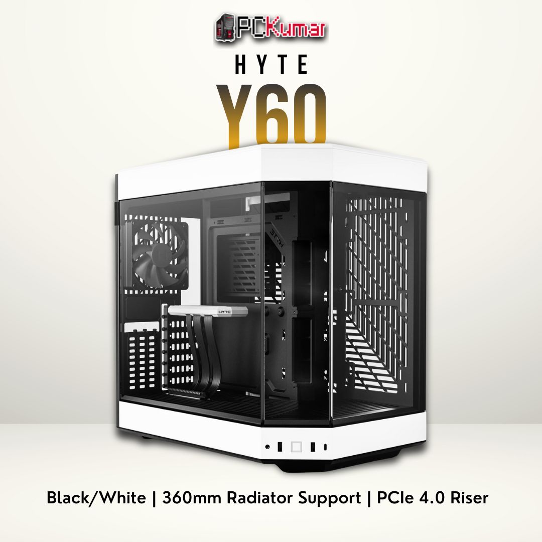 HYTE Y60 black-and-white case featuring tempered glass side panels and a stylish dual-tone design.