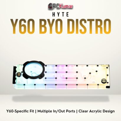 HYTE Y60 BYO distro plate featuring custom fluid channels and inlets for a neat water-cooled PC build.