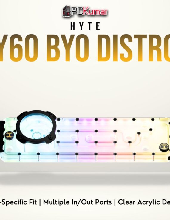 HYTE Y60 BYO distro plate featuring custom fluid channels and inlets for a neat water-cooled PC build.