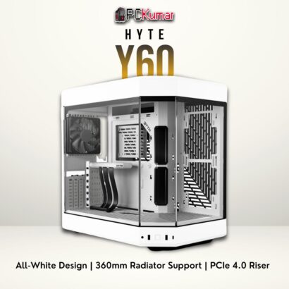 HYTE Y60 white/white case featuring a panoramic glass front, white steel body, and vertical GPU mount.