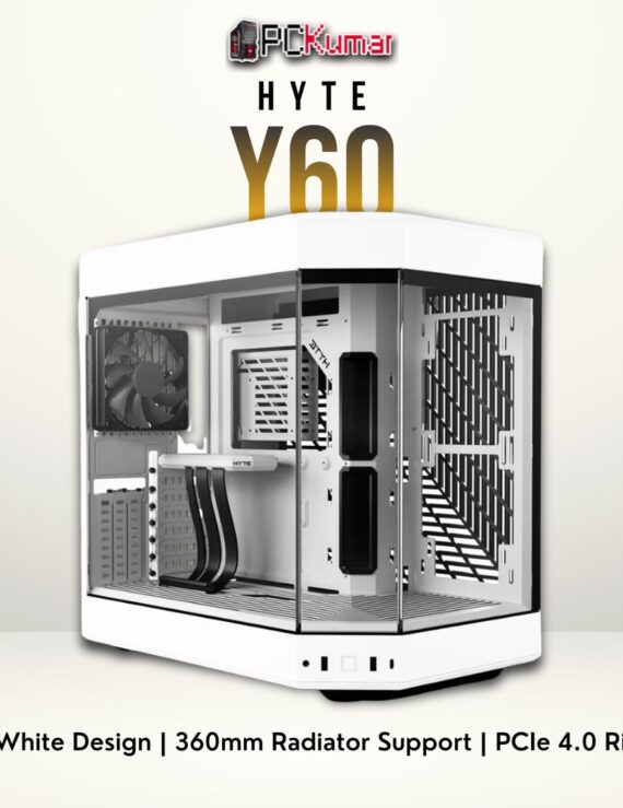 HYTE Y60 white/white case featuring a panoramic glass front, white steel body, and vertical GPU mount.
