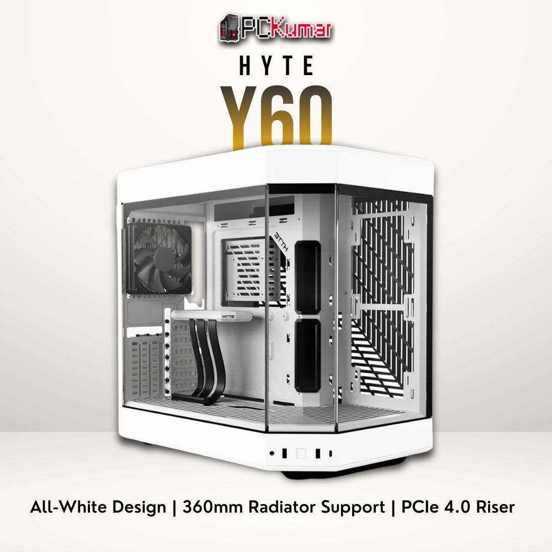 HYTE Y60 white/white case featuring a panoramic glass front, white steel body, and vertical GPU mount.