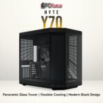 HYTE Y70 black PC case featuring an open interior layout and tempered glass side panel.