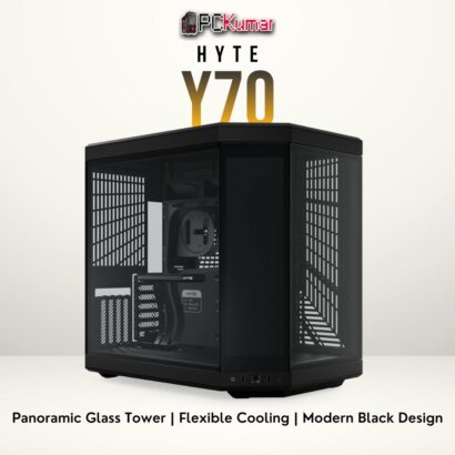 HYTE Y70 black PC case featuring an open interior layout and tempered glass side panel.