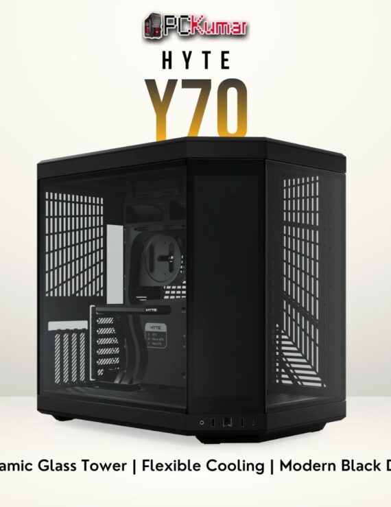 HYTE Y70 black PC case featuring an open interior layout and tempered glass side panel.