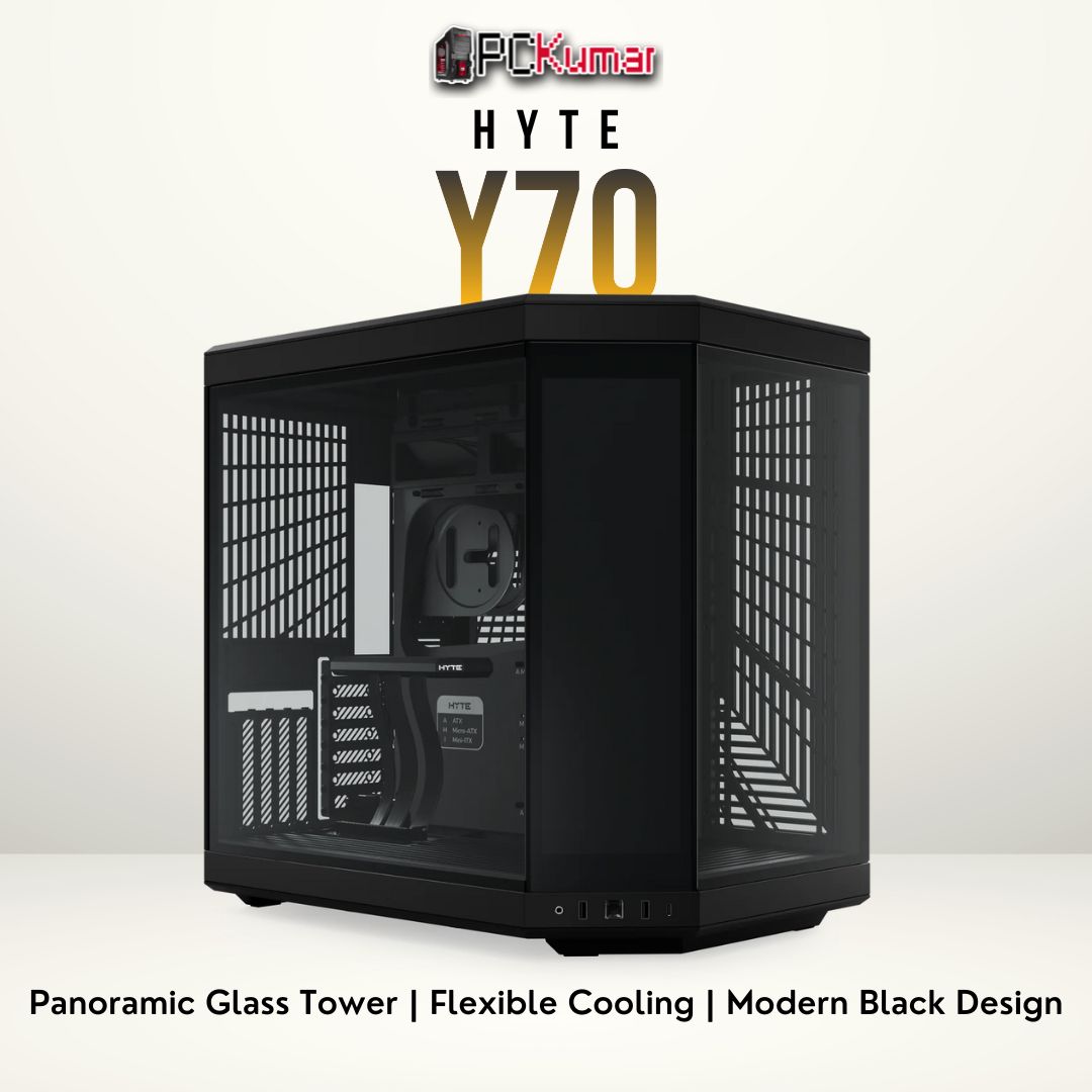 HYTE Y70 black PC case featuring an open interior layout and tempered glass side panel.