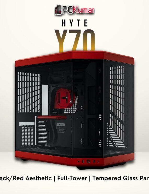 HYTE Y70 black/red tower case with a tempered glass side and extensive airflow layout for high-performance systems.
