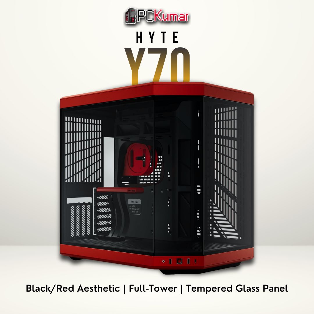 HYTE Y70 black/red tower case with a tempered glass side and extensive airflow layout for high-performance systems.