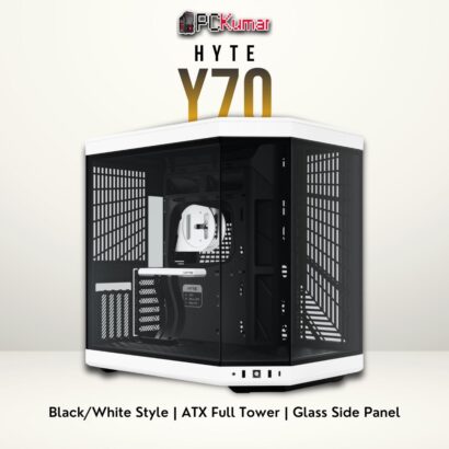 HYTE Y70 black/white PC case with a wide front panel, tinted glass side, and advanced cable management.