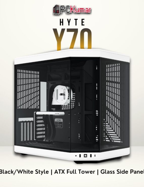 HYTE Y70 black/white PC case with a wide front panel, tinted glass side, and advanced cable management.