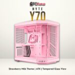 HYTE Y70 pastel pink PC case with a large side window and advanced cooling capacity.