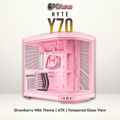 HYTE Y70 pastel pink PC case with a large side window and advanced cooling capacity.