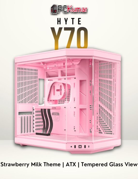 HYTE Y70 pastel pink PC case with a large side window and advanced cooling capacity.