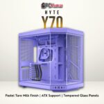 HYTE Y70 Taro Milk edition with pastel purple color, tempered glass panels, and a modern tower design.