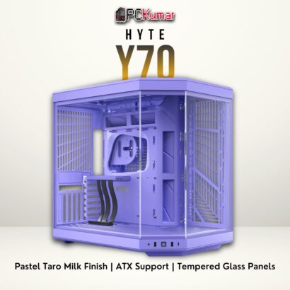 HYTE Y70 Taro Milk edition with pastel purple color, tempered glass panels, and a modern tower design.