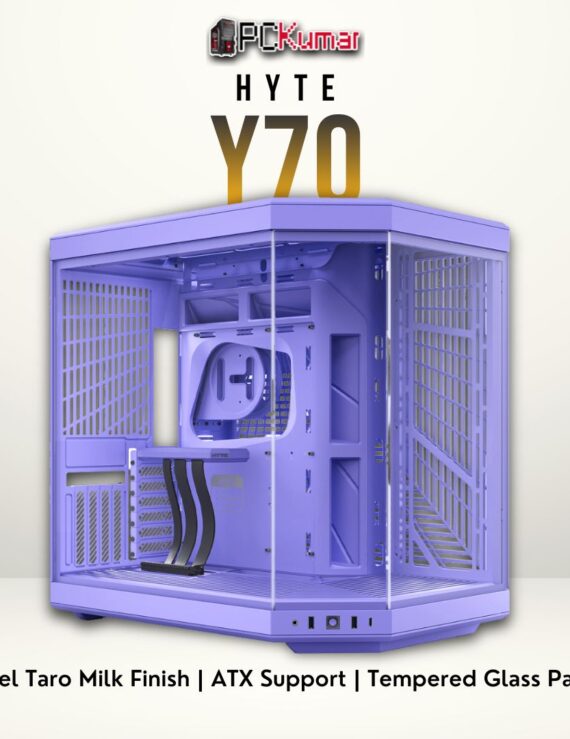 HYTE Y70 Taro Milk edition with pastel purple color, tempered glass panels, and a modern tower design.