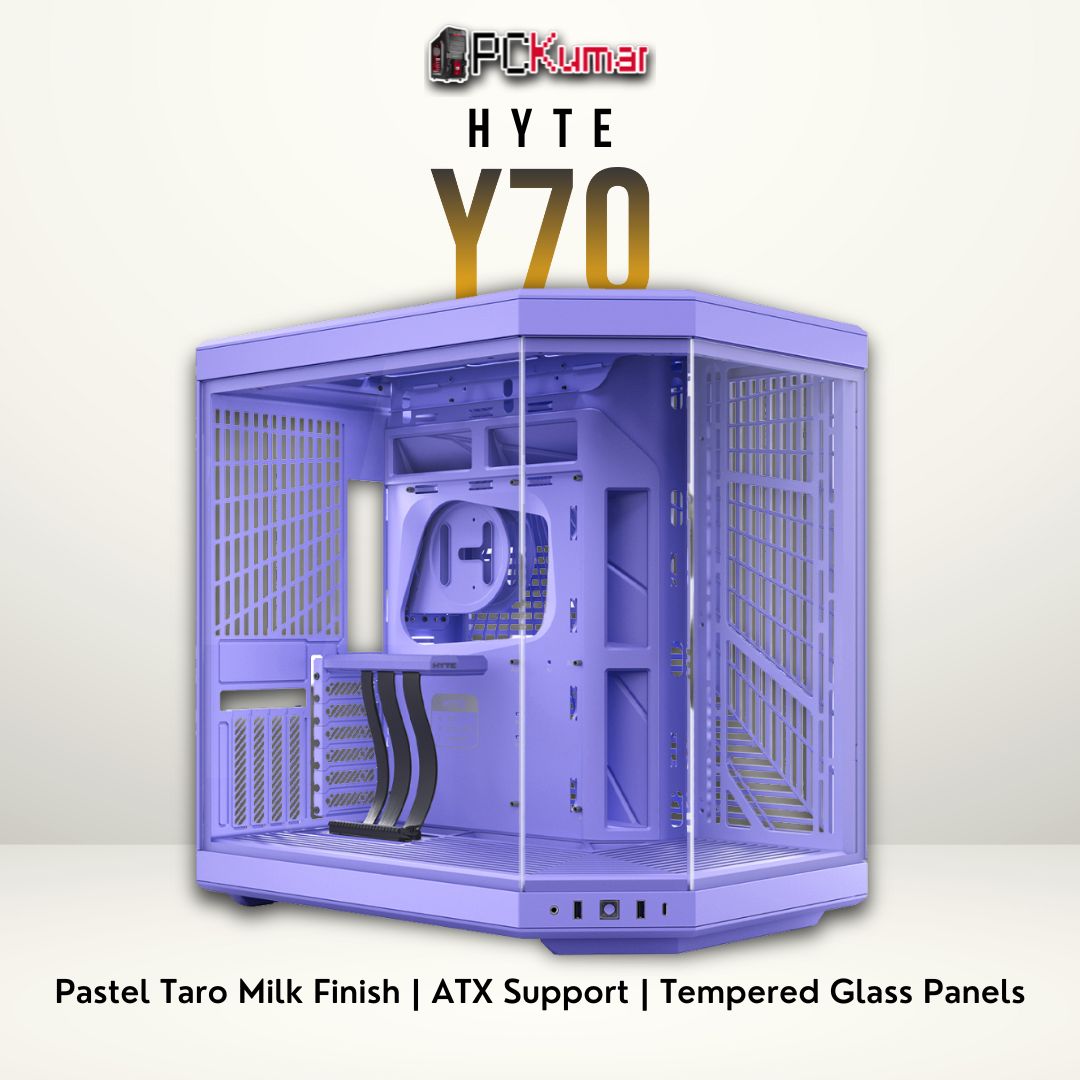 HYTE Y70 Taro Milk edition with pastel purple color, tempered glass panels, and a modern tower design.