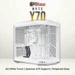 HYTE Y70 white/white ATX chassis featuring a panoramic glass panel and broad cooling configuration options.