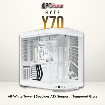 HYTE Y70 white/white ATX chassis featuring a panoramic glass panel and broad cooling configuration options.