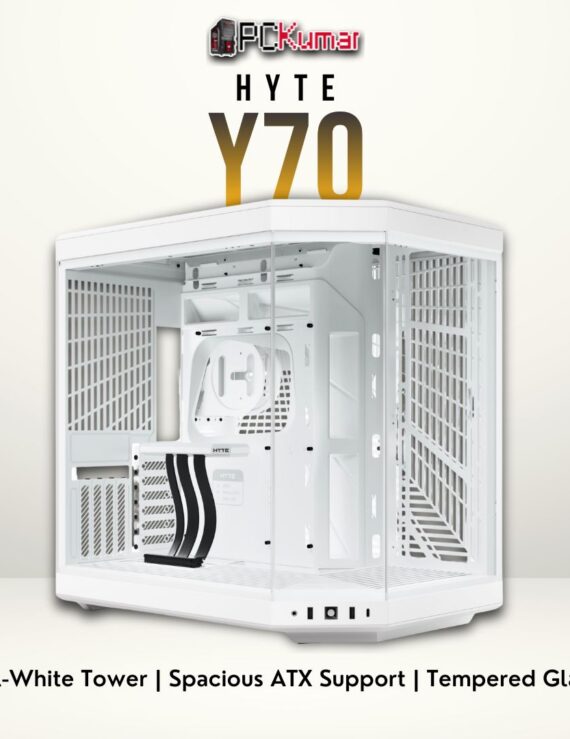 HYTE Y70 white/white ATX chassis featuring a panoramic glass panel and broad cooling configuration options.
