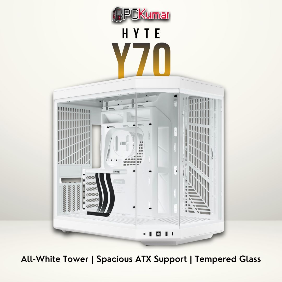 HYTE Y70 white/white ATX chassis featuring a panoramic glass panel and broad cooling configuration options.
