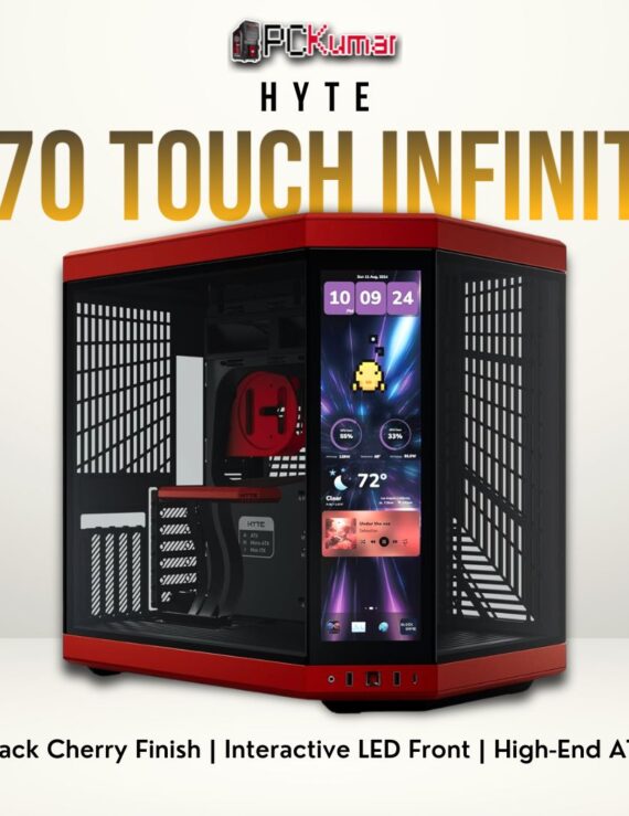 HYTE Y70 Touch Infinite Black Cherry case with LED glass front panel and a luxurious deep-red color scheme.