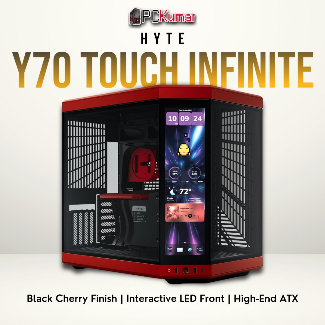 HYTE Y70 Touch Infinite Black Cherry case with LED glass front panel and a luxurious deep-red color scheme.