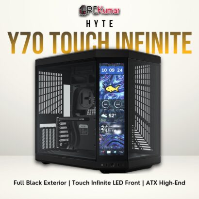 HYTE Y70 Touch Infinite Pitch Black PC case featuring an all-black aesthetic with interactive front LED panel.