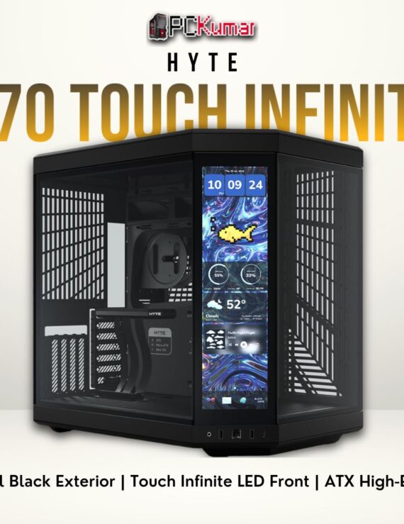 HYTE Y70 Touch Infinite Pitch Black PC case featuring an all-black aesthetic with interactive front LED panel.