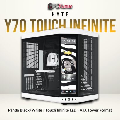 HYTE Y70 Touch Infinite (Panda) with a unique LED front glass panel and dual-tone black/white color scheme.