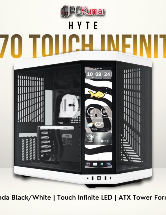 HYTE Y70 Touch Infinite (Panda) with a unique LED front glass panel and dual-tone black/white color scheme.
