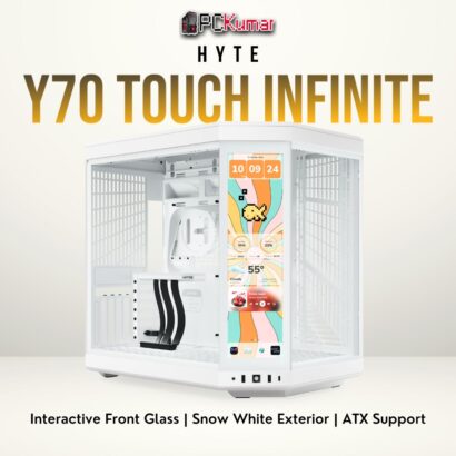 HYTE Y70 Touch Infinite (Snow White) case with an LED glass front and sleek white steel frame.