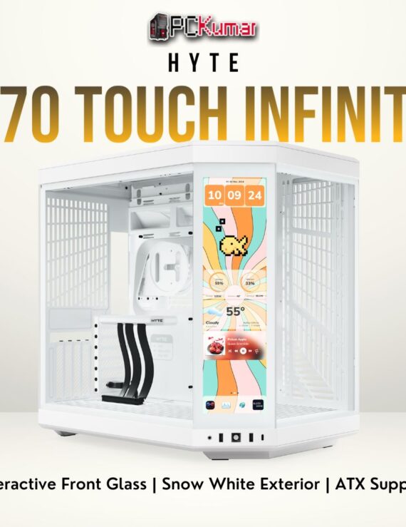 HYTE Y70 Touch Infinite (Snow White) case with an LED glass front and sleek white steel frame.