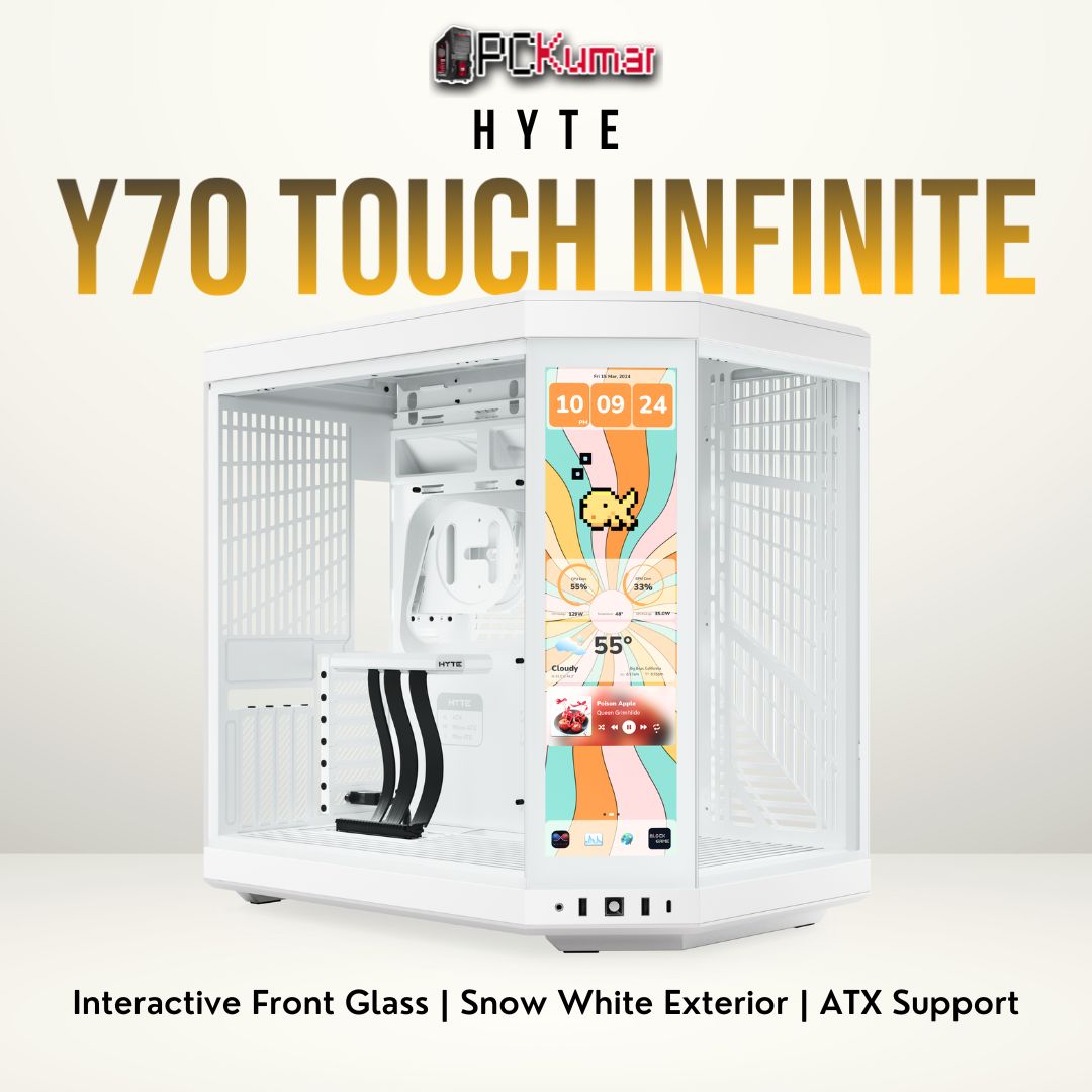 HYTE Y70 Touch Infinite (Snow White) case with an LED glass front and sleek white steel frame.