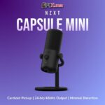 Black NZXT Capsule Mini microphone standing on a small desktop base, delivering crisp voice capture for streaming.