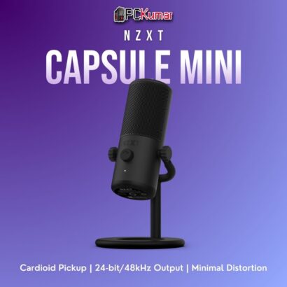 Black NZXT Capsule Mini microphone standing on a small desktop base, delivering crisp voice capture for streaming.