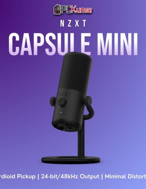 Black NZXT Capsule Mini microphone standing on a small desktop base, delivering crisp voice capture for streaming.