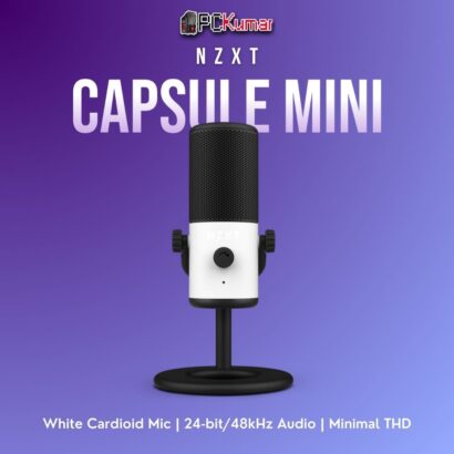 White NZXT Capsule Mini microphone with a round base, enabling professional-grade voice capture in a compact form.