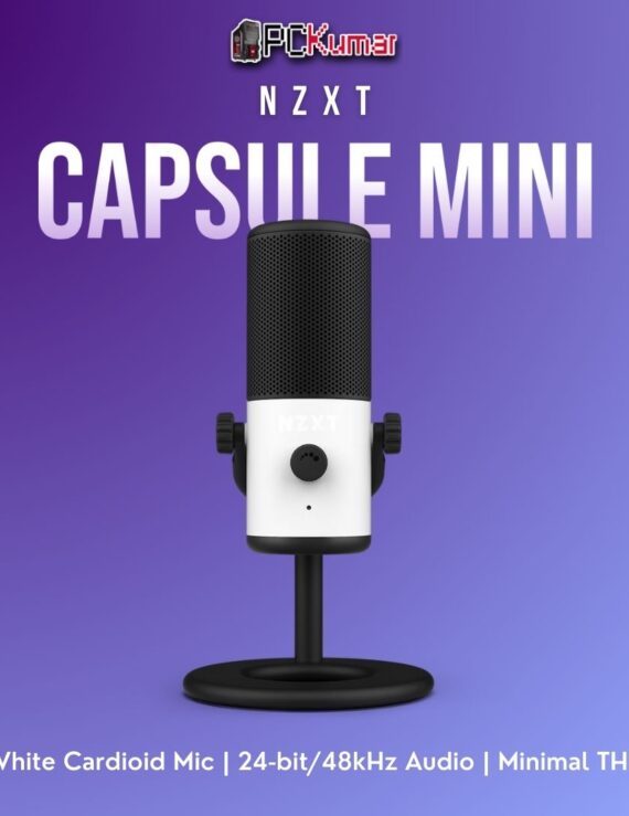White NZXT Capsule Mini microphone with a round base, enabling professional-grade voice capture in a compact form.